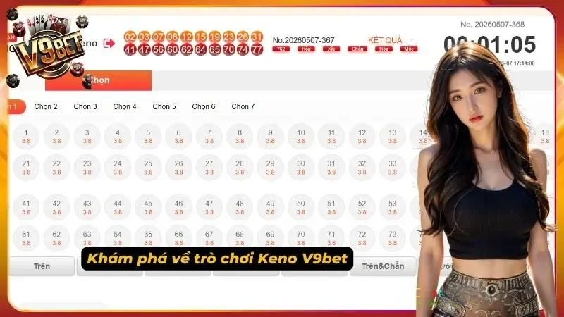 Bảng chọn số Keno V9BET với kết quả kỳ trước và thời gian đếm ngược