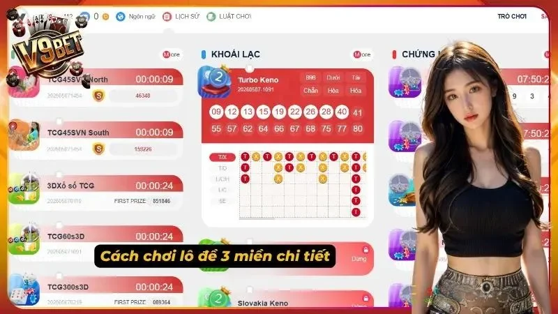 Sảnh xổ số V9BET với các mục TCG45SVN North, South và Turbo Keno