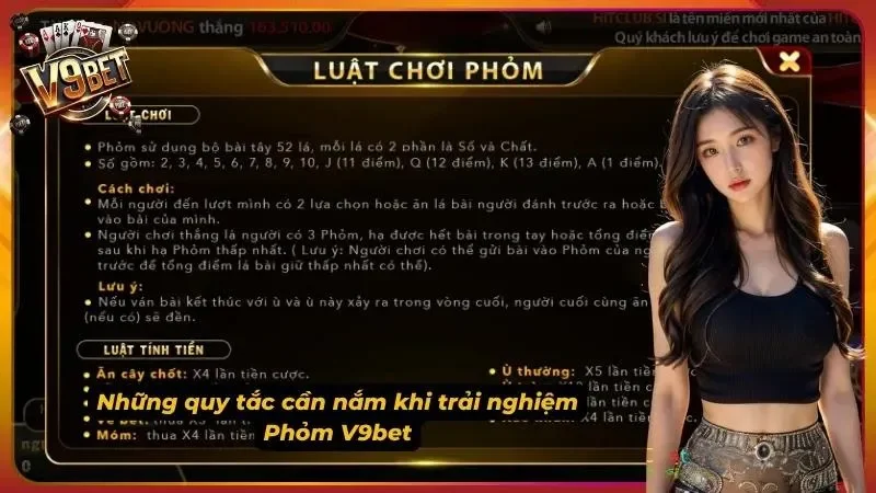 Bảng luật chơi Phỏm V9BET với phần cách chơi và luật tính tiền.